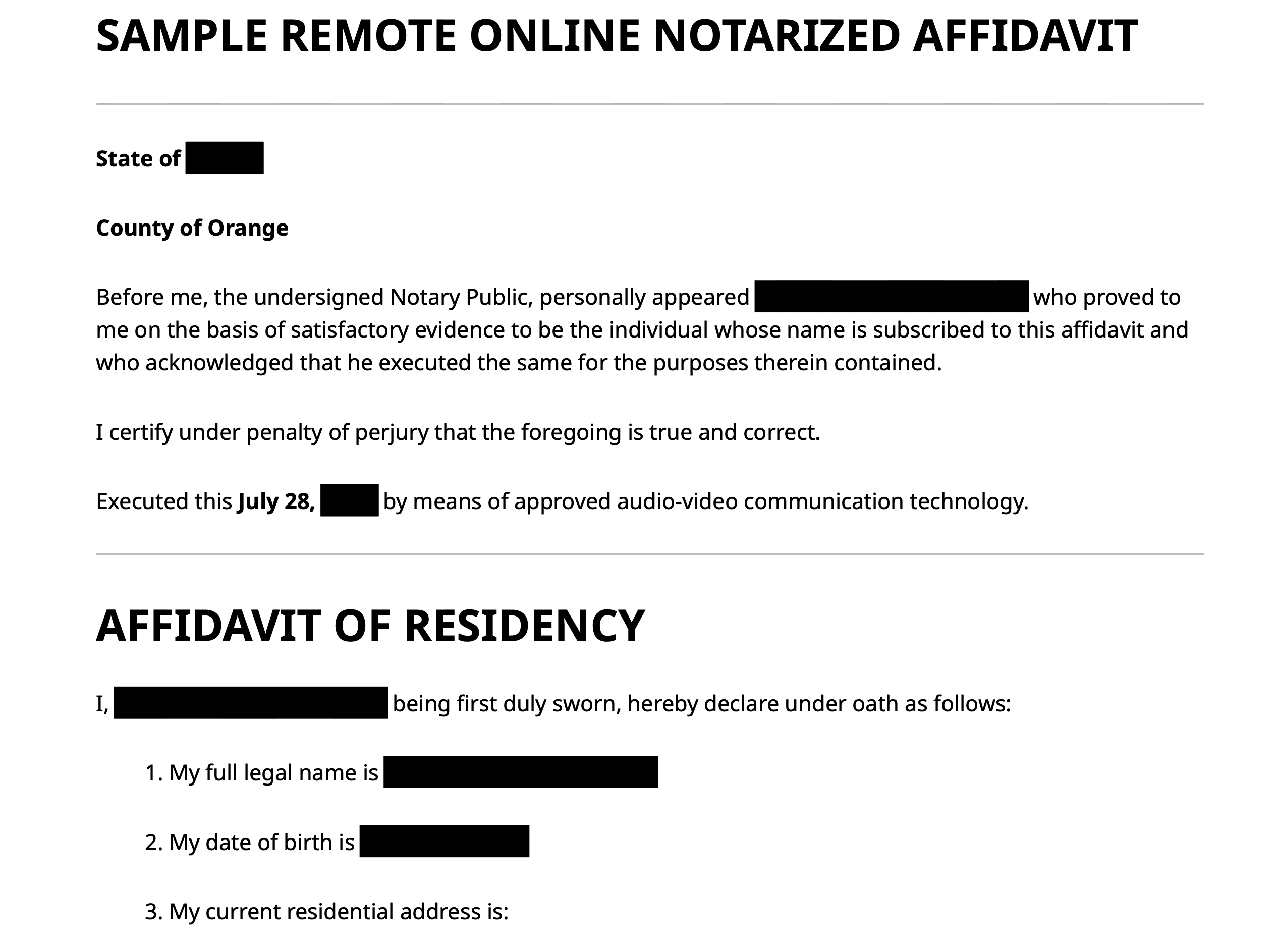 Notarized affidavit of residency with names, dates, state, and address fields redacted