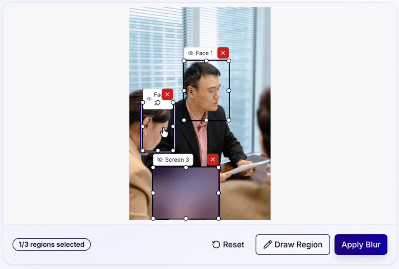 Meeting photo with detected faces and an on-screen data table marked for redaction